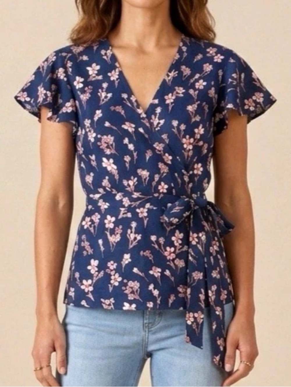 Draper James 100% Linen Ruffle Sleeve Floral Wrap Shirt Tie Waist Size 8 Summer